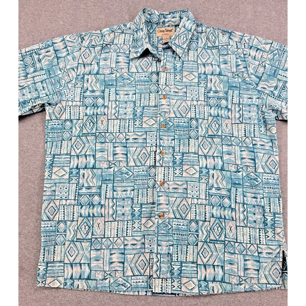 Cooke Street Honolulu Hawaiian Shirt Mens XL Blue Teal Geometric Tribal Print Co